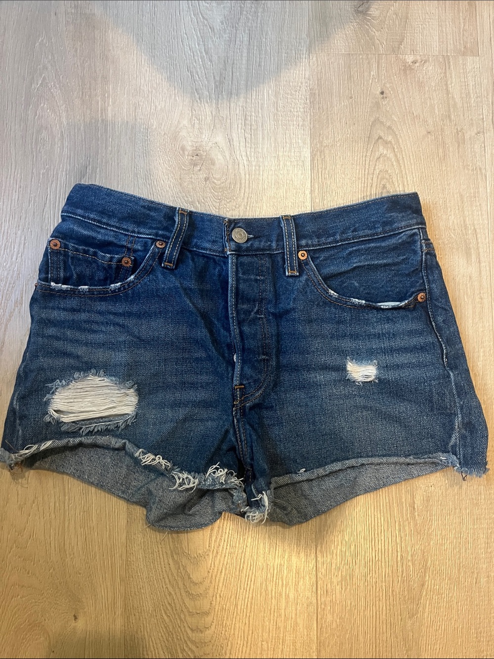 Levi's Dark Blue Distressed Denim Cutoff Shorts